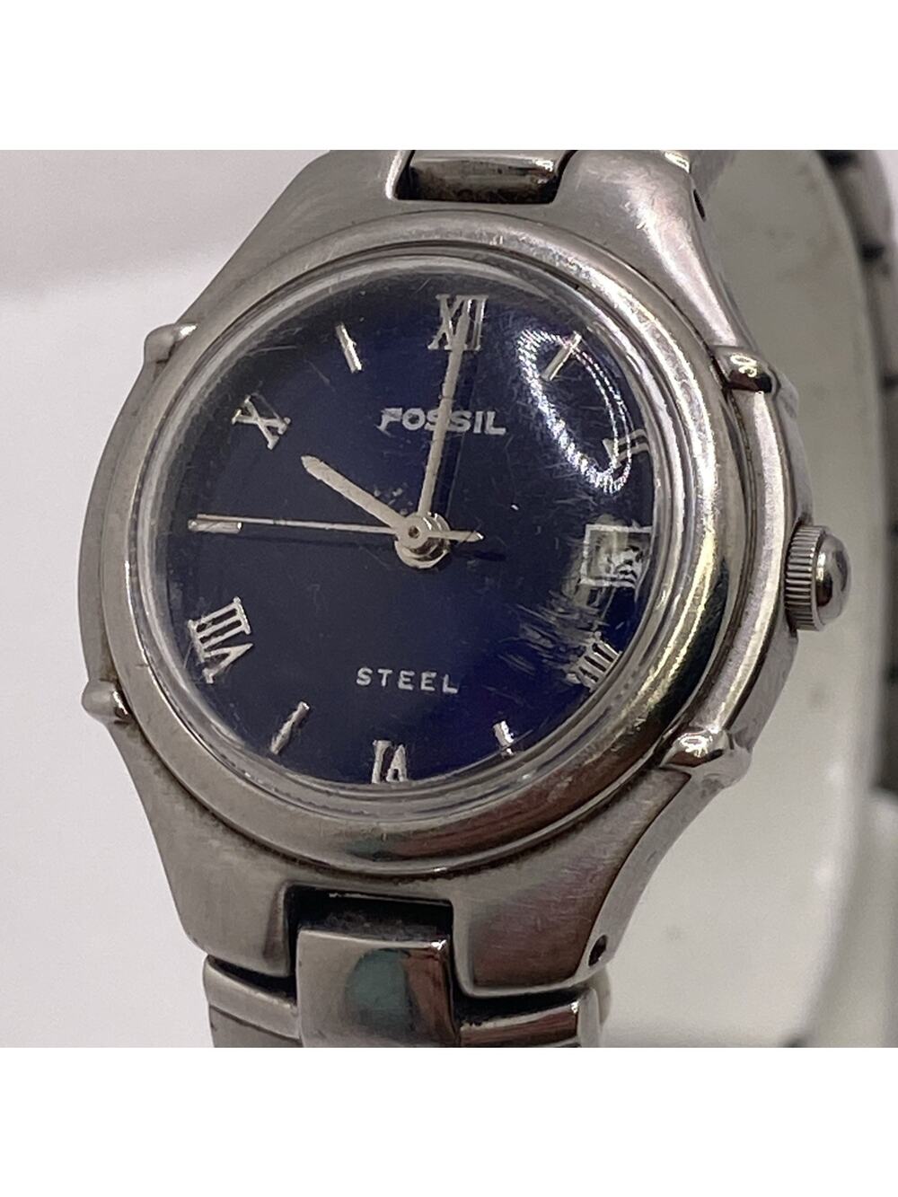 Vintage Fossil Steel Womens Blue Dial Watch New Battery